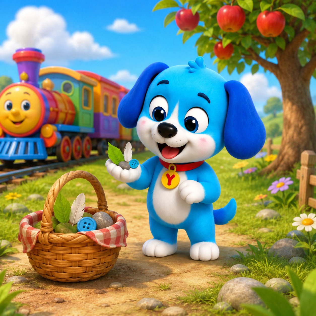 Yuyu, a blue-and-white puppy with floppy ears, a red collar and a round yellow tag showing a red letter Y