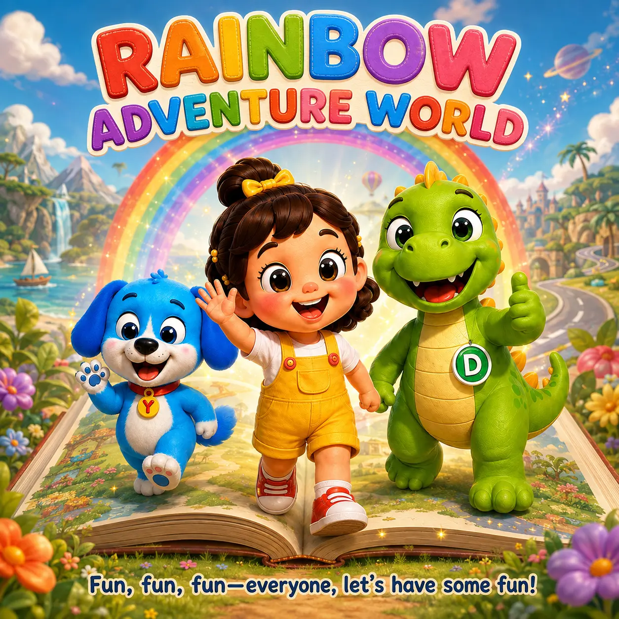 Susu, Yuyu and Dahdah waving together in the colourful world of Rainbow Adventure World
