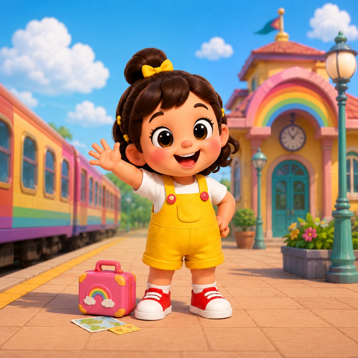 Susu, a smiling girl with brown hair in a high bun with a yellow bow, wearing a white top, yellow short overalls and red-and-white trainers